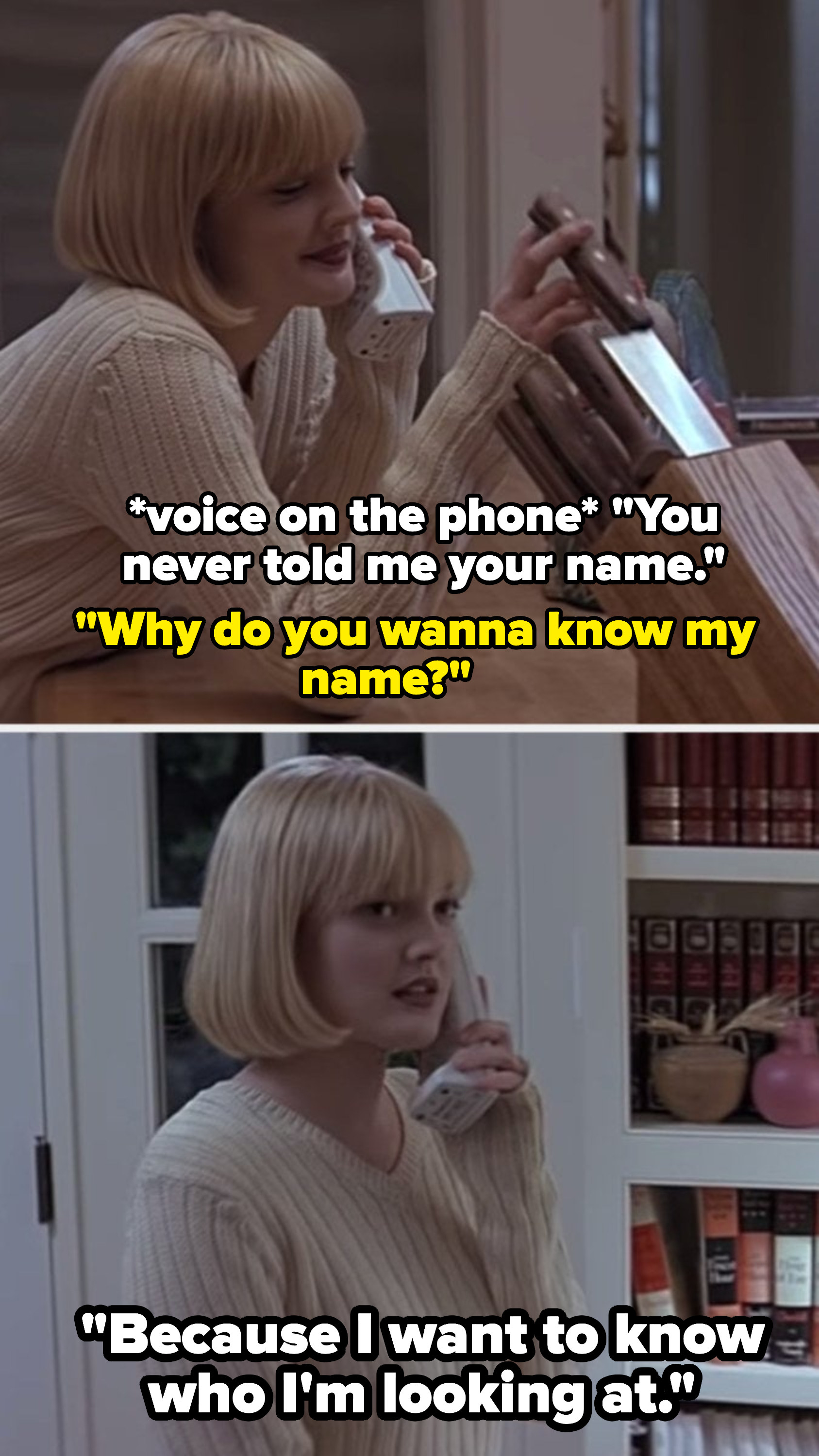 Drew Barrymore talking to the Scream serial killer on the phone