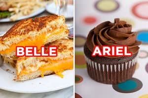 On the left, a grilled cheese sandwich cut in triangles labeled "Belle," and on the right, a chocolate cupcake labeled "Ariel"