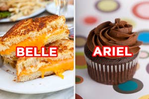 On the left, a grilled cheese sandwich cut in triangles labeled "Belle," and on the right, a chocolate cupcake labeled "Ariel"