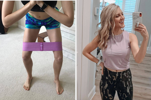 (left) Pink resistance band (right) Reviewer wearing pink tank top