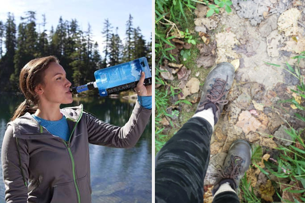 On the left, hiker takes sip out of portable filter. On the right, reviewer shows off brown hiking boots on a trail