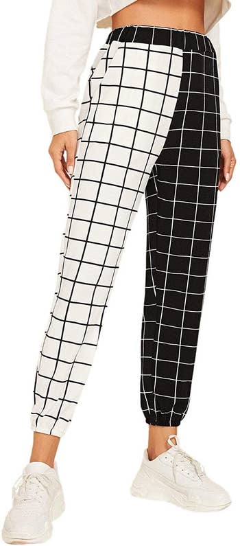 Another model wearing white and black two-toned checkered pants