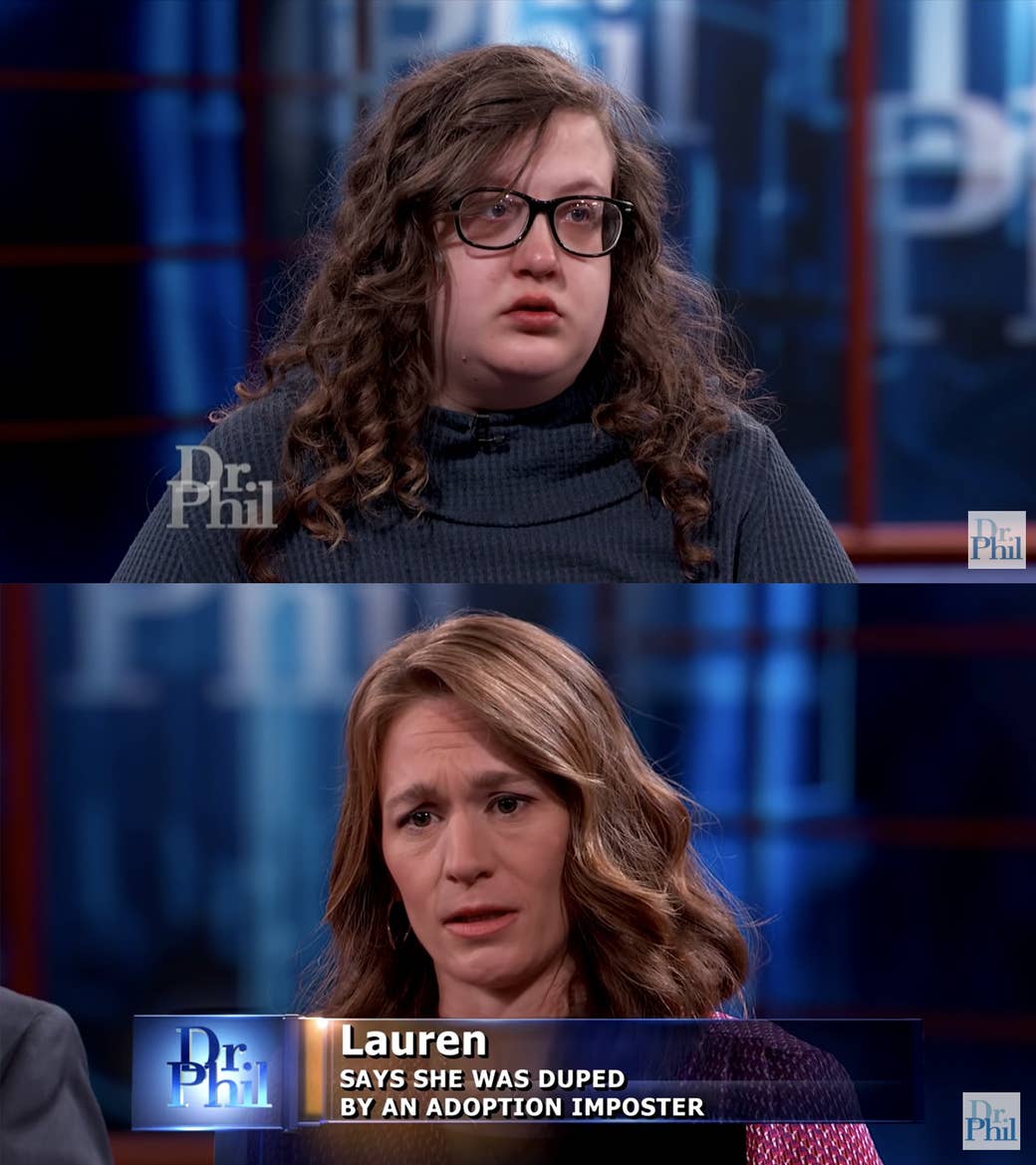 Two women on the Dr Phil program: Gabby, who wears glasses and a waffle print sweatshirt, and Lauren, whose chyron reads "says she was duped by an adoption imposter"