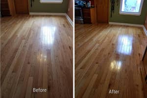 A dingy floor before using the wood cleaner // A polished floor after using the wood cleaner