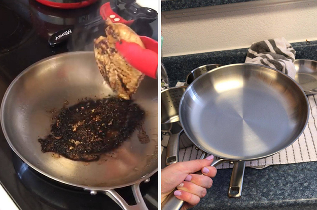 A burnt-on pan before/after cleaning