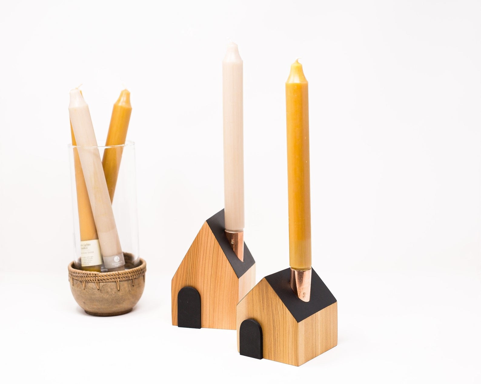 the wooden house candlestick holders