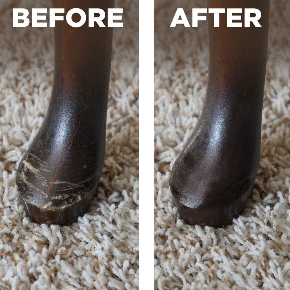 Before and after using the wood pens to cover up scratches on a table leg 
