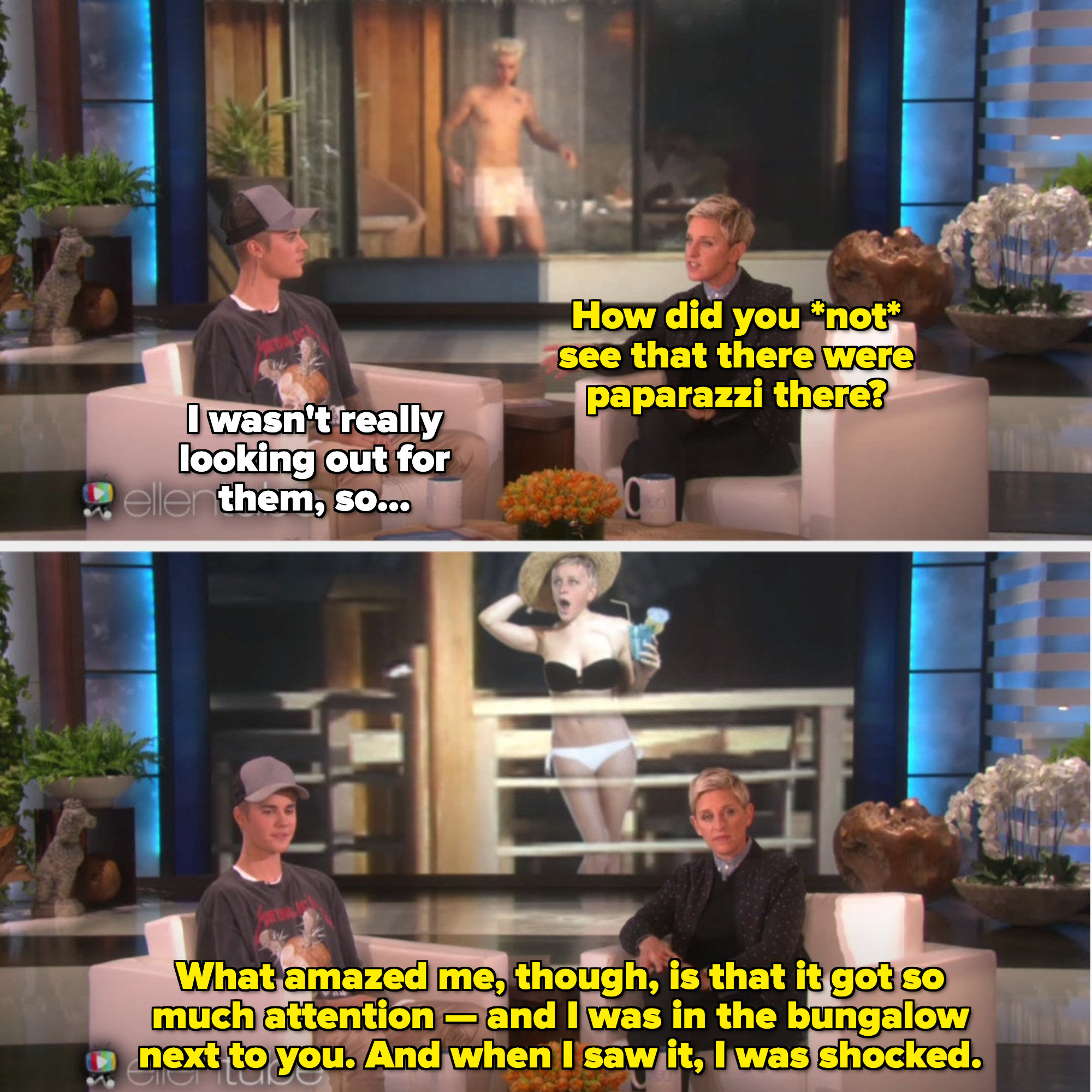 Degeneres asking Bieber how he didn&#x27;t notice the paparazzi taking naked pictures of him, and then showing him a photoshopped image of herself in disbelief over his nakedness