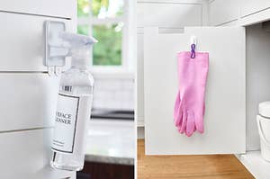 L: Cleaner perched on bottle hanger R: Pink rubber gloves hanging from white plastic hook on the inside of a cabinet