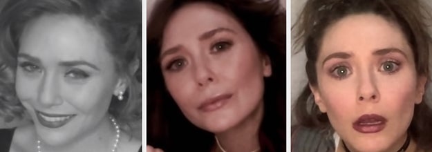 Elizabeth Olsen dressed up in 60s, 70s, and 80s outfits
