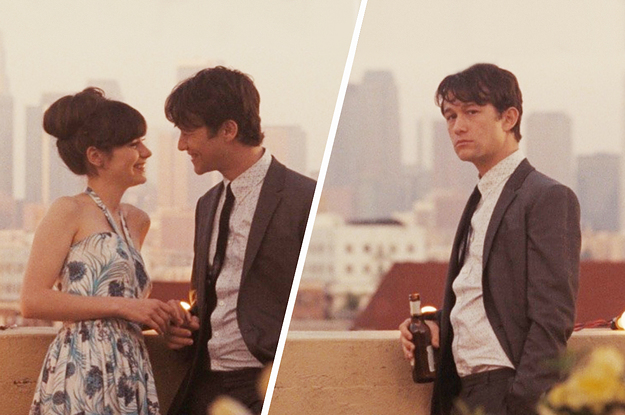 A couple on a rooftop looking intimate and then them broken up and the guy looking sad