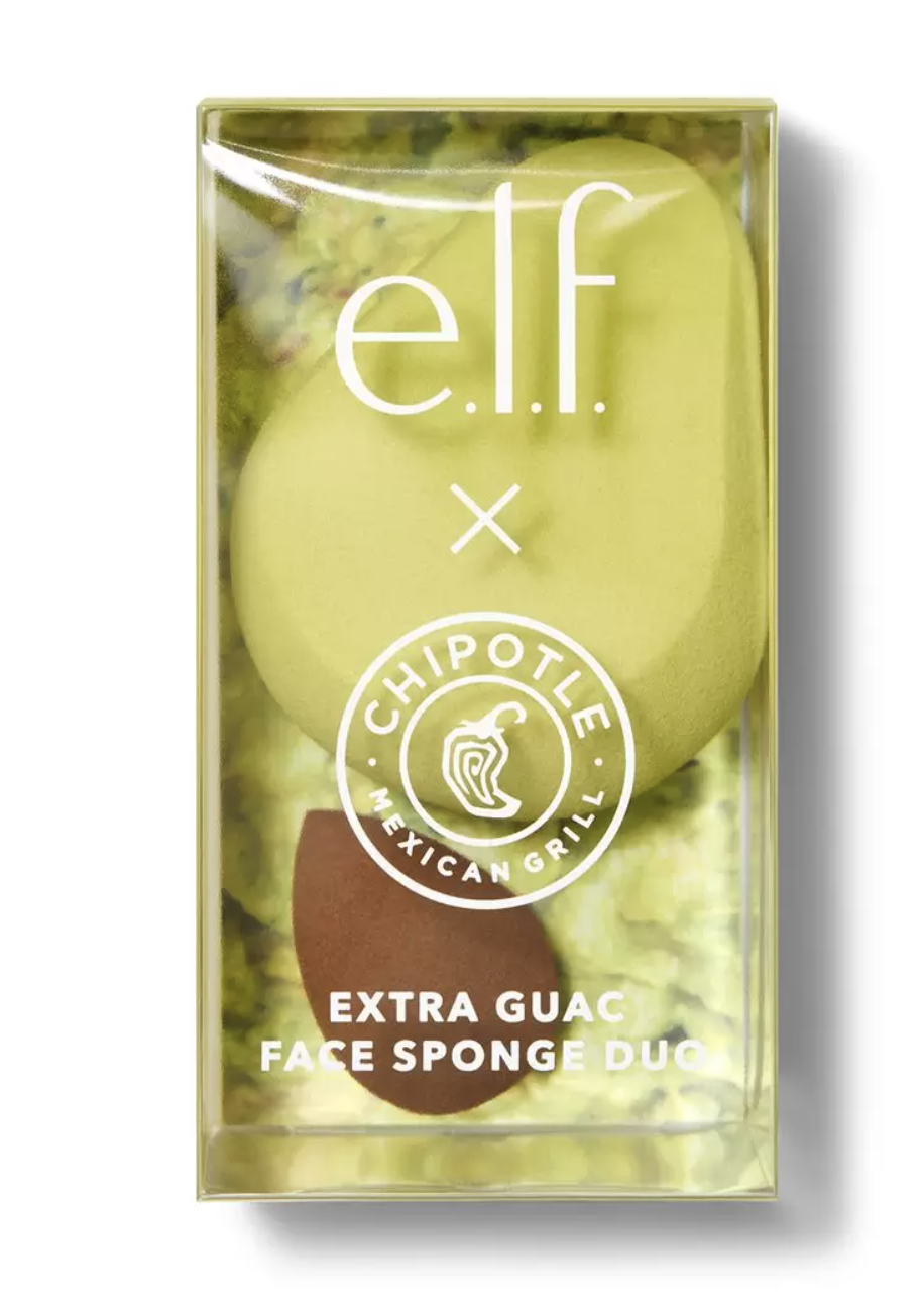 Both sponge inside of a clear container that has the E.l.f. and Chipotle logos