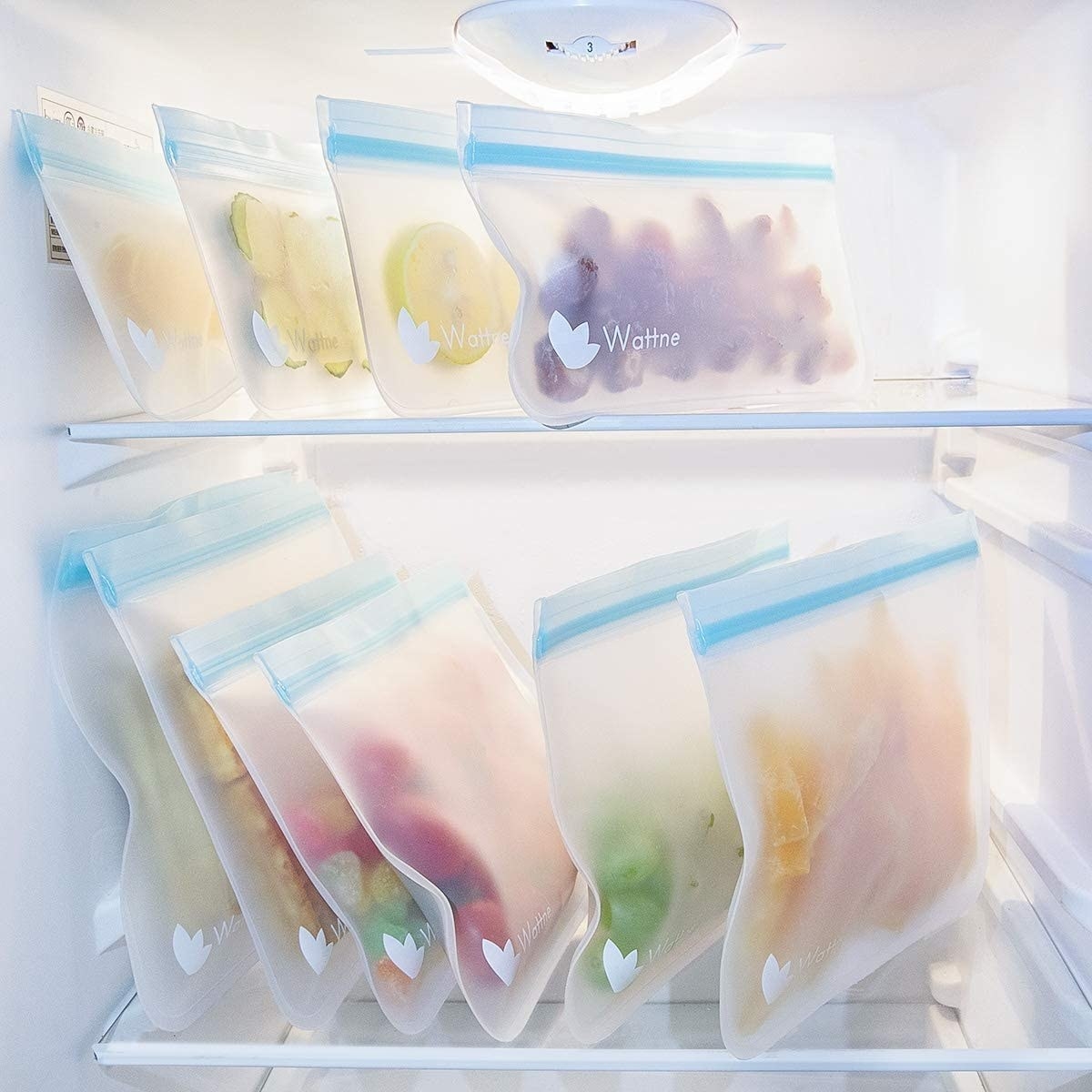 Reusable sandwich bags of various sizes in a fridge 