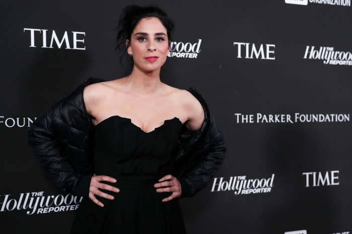 Sarah Silverman posing on a red carpet in a strapless dress and matching jacket