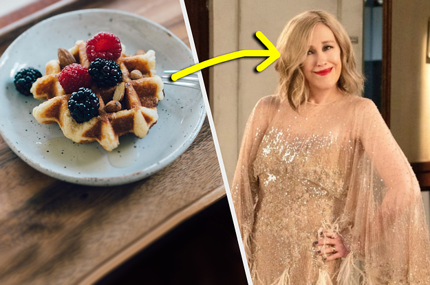 Moira Rose being fancy next to a plate of waffles