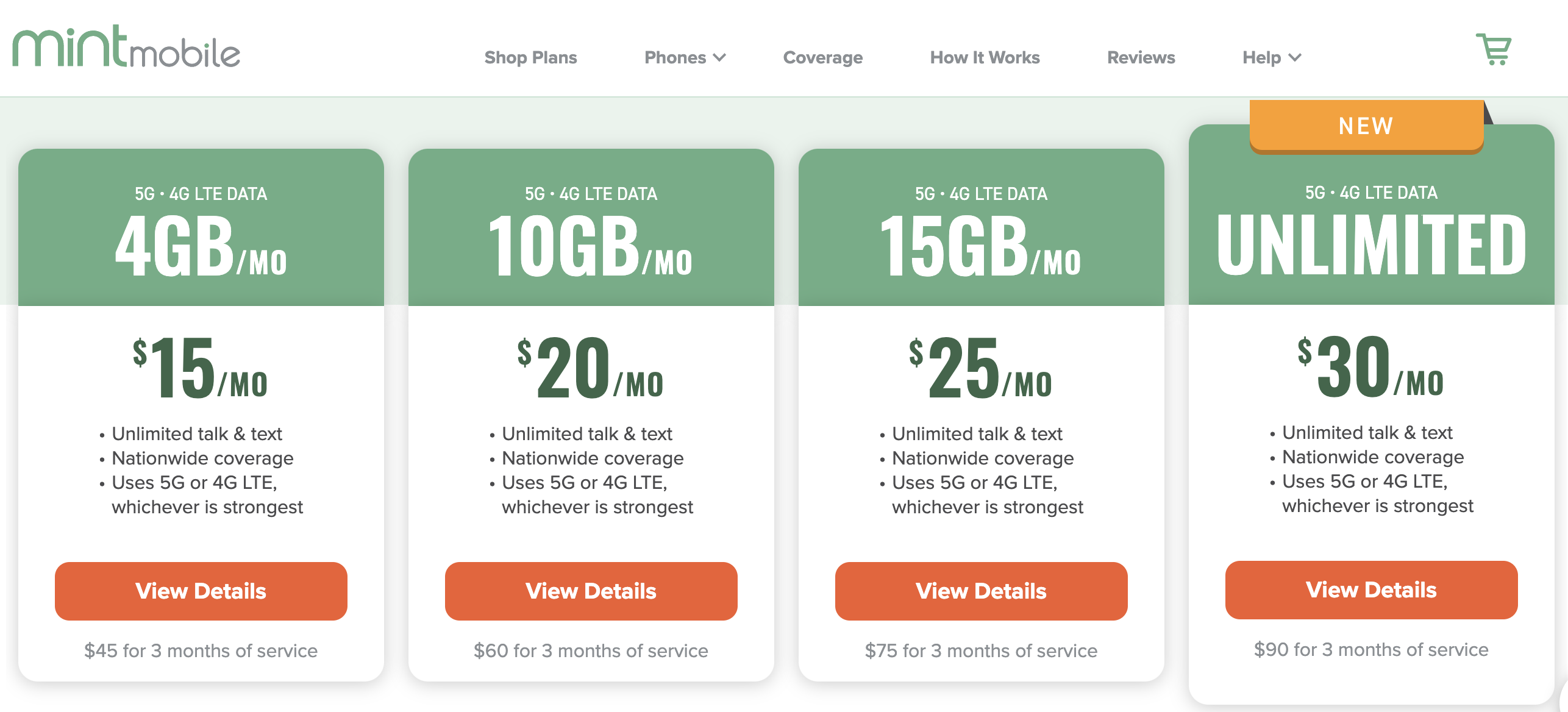 Screenshot of Mint Mobile's cell phone plans at $15 to $30 per month