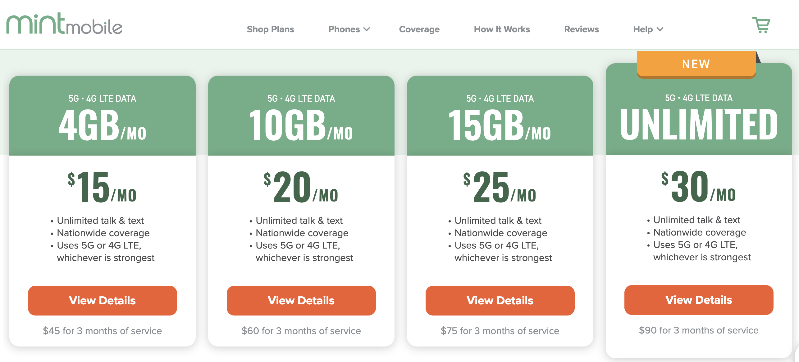 Screenshot of Mint Mobile&#x27;s cell phone plans at $15 to $30 per month