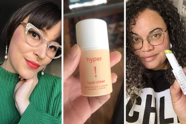 on the left the writer in benefit lip and cheek tint, in the middle a bottle of hyper skin vitamin c serum, on the right a buzzfeed editor holding milk makeup lip balm