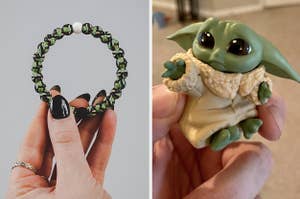 to the left: a baby yoda bracelet, to the right: a baby yoda toy