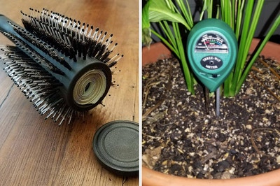 split thumbnail of round hair brush with storage for money inside, humidity measure in potted plant