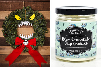 On the left, a "Nightmare Before Christmas" wreath. On the right, a blue chocolate chip cookies scented candle