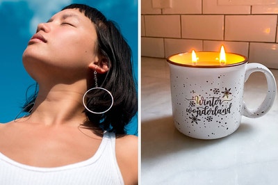 to the left: a model wearing chain earrings that connect to a hoop, to the right: a campfire mug candle