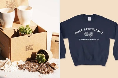 On the left, a gift box of succulents. On the right, a Rose Apothecary sweatshirt