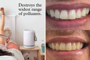 L: Cylindrical tower air filter R: Before and after of reviewer's teeth showing Crest Whitestrips significantly lightened their teeth
