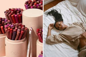 Lip pencils / a model in sweats on a bed