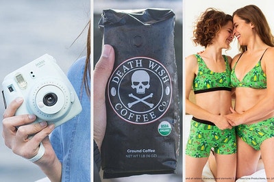 on the left a liught blue instax camera, in the middle a bag of death wish coffee, on the right two snuggly models in matching buddy the elf bralettes and underwear