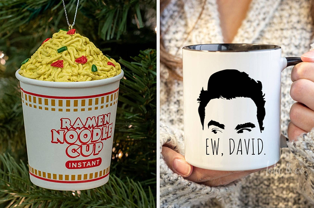 on the left an instant ramen ornament, on the right an 
