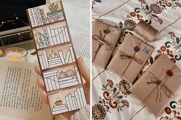 on the left, a book tracker bookmark, and on the right, a blind date surprise wrapped book