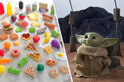 to the left: toy food, to the right: a baby yoda doll
