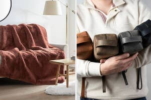 On the left, a dark red fleece blanket on a white couch. On the right, model holds different-colored dop kits in their hand