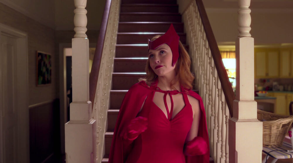 Wanda wearing an all-red Halloween costume