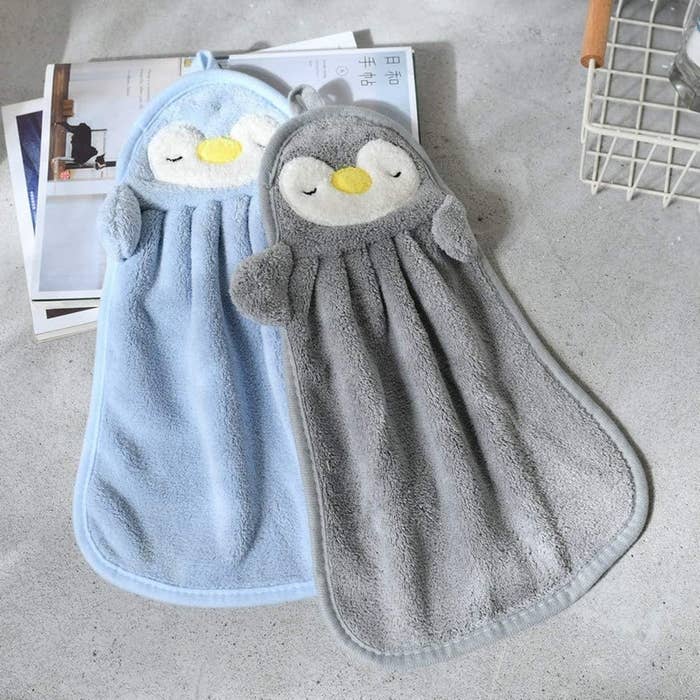 a blue and gray hand towel