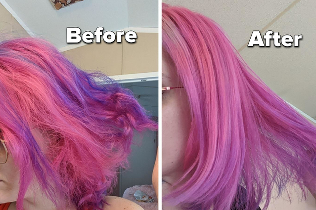 reviewer's before-and-after of their dyed hair looking frizzy and split compared to it looking smooth and even