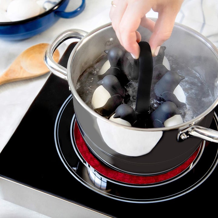 Model placing penguin-shaped egg holder into boiling pot of water