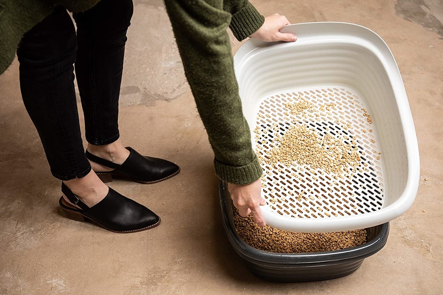 A model sifts the litter box