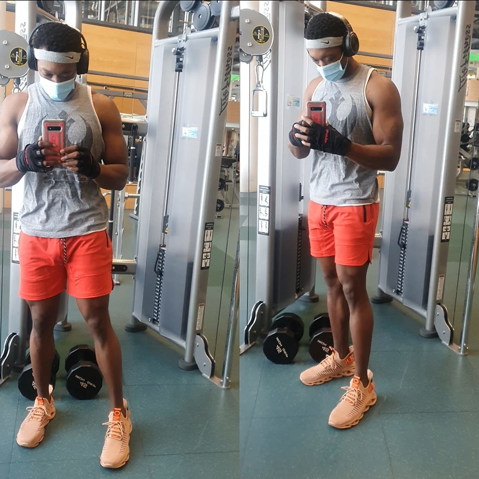 reviewer photo wearing the gym shorts in red