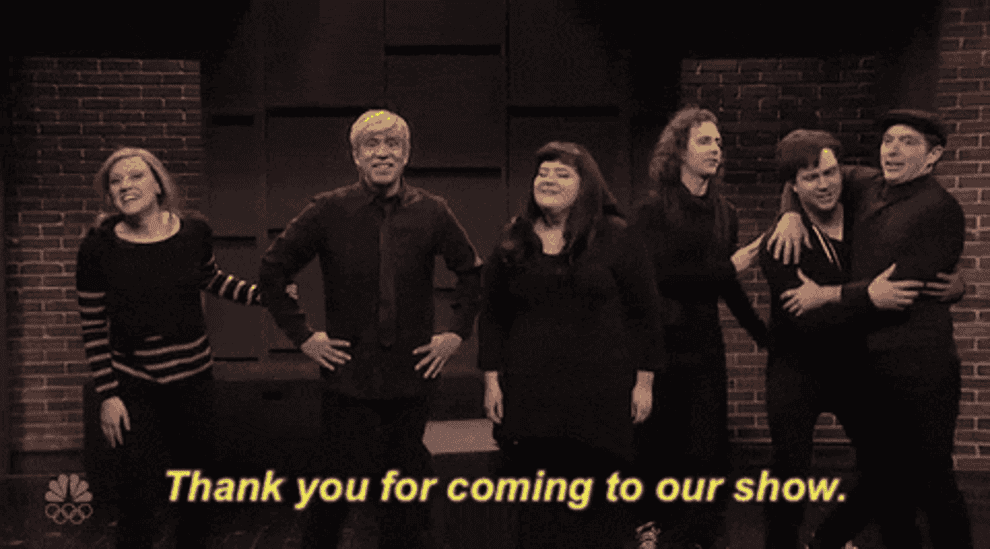 Gif of SNL actors saying &quot;thank you for coming to our show.&quot;