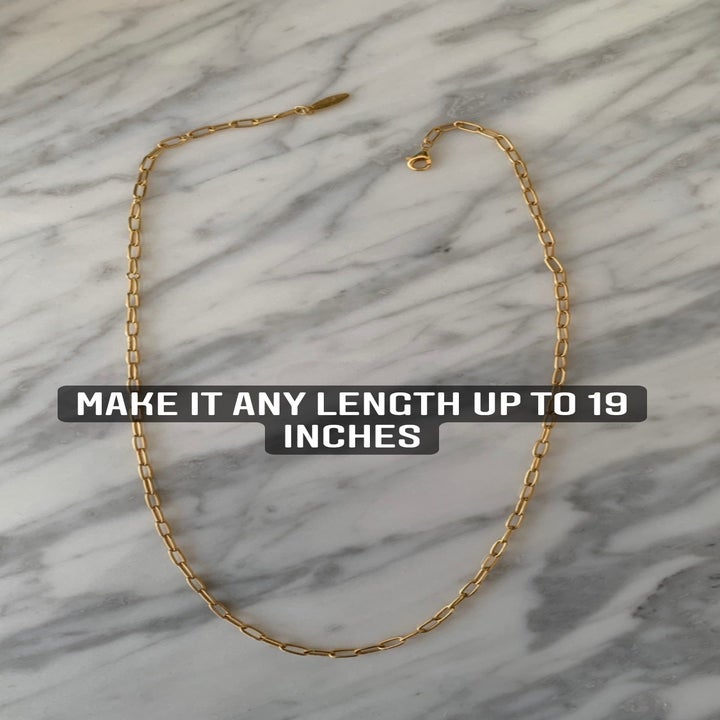 The necklace laid flat with text "make it any length up to 19 inches"