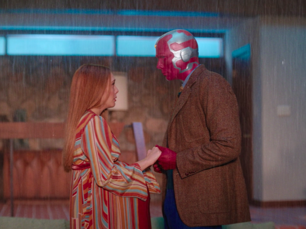 Wanda and Vision standing in the rain in Episode Three