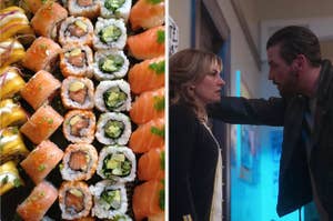 A tray of various types of sushi and Mädchen Amick as Alice Cooper and Skeet Ulrich as F. P. Jones  in the show "Riverdale."
