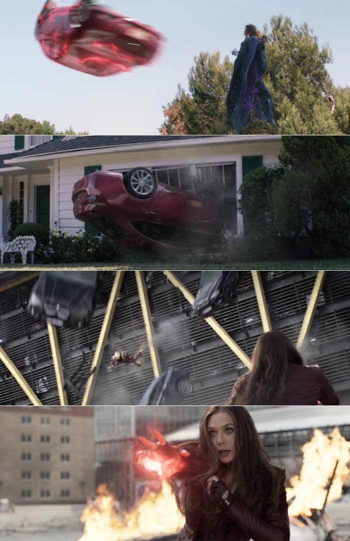 Wanda throwing a red car at Agatha vs. throwing a bunch of cars at Tony