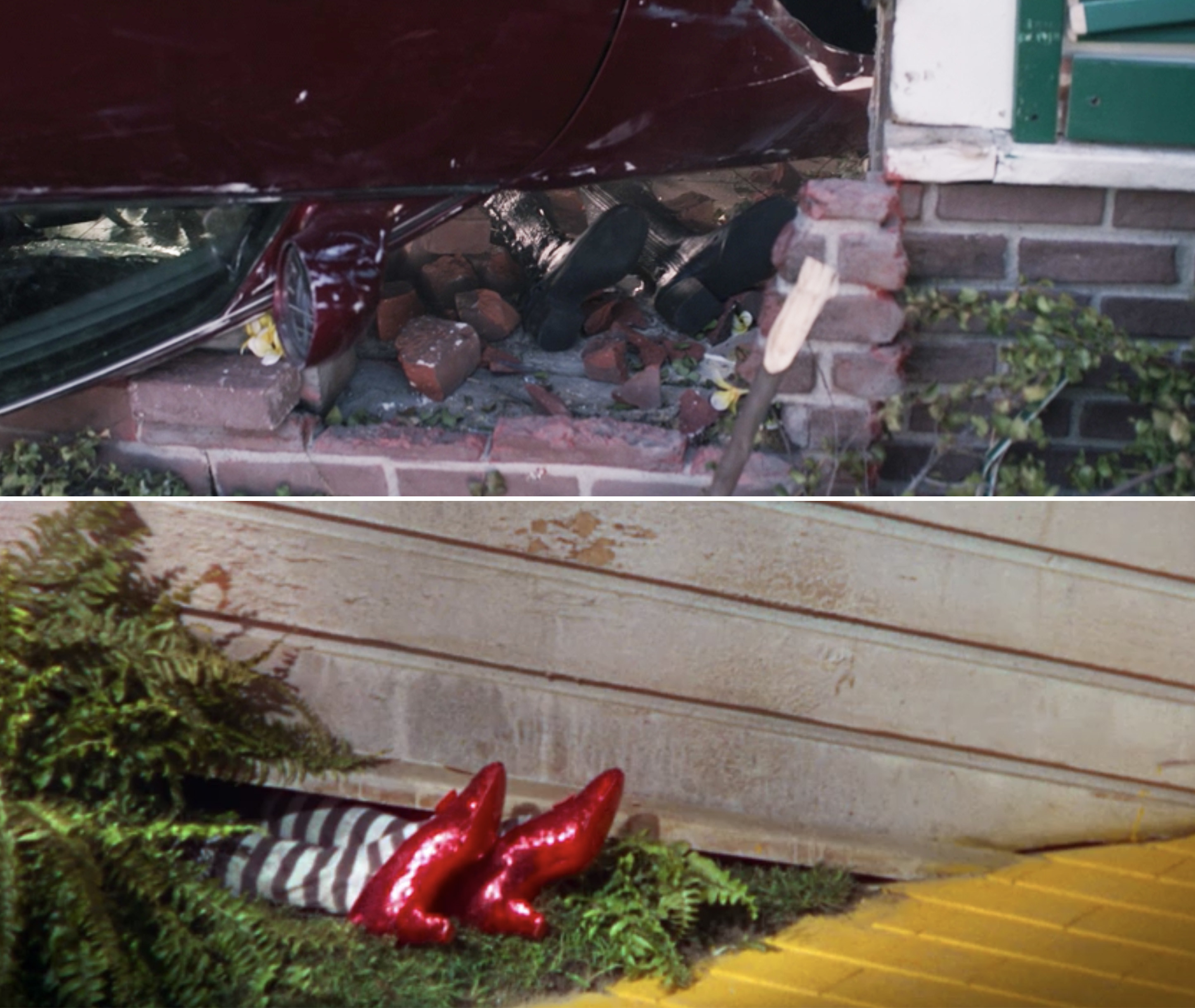 Agatha's boots sticking out from under a car vs. the ruby slippers under the house in the Wizard of Oz