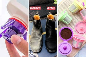 a bottle-emptying stand, before and after salt-stained boots, and reusable keurig cups