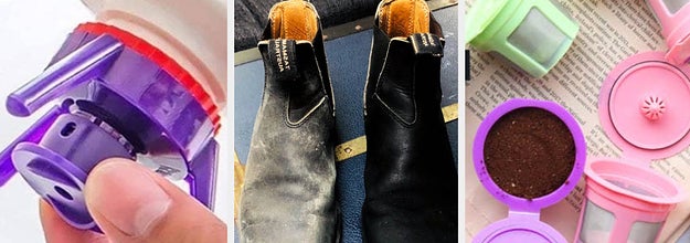 a bottle-emptying stand, before and after salt-stained boots, and reusable keurig cups