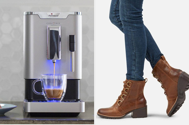 esspresso maker pouring into a cup; model wearing lace-up brown ankle boots