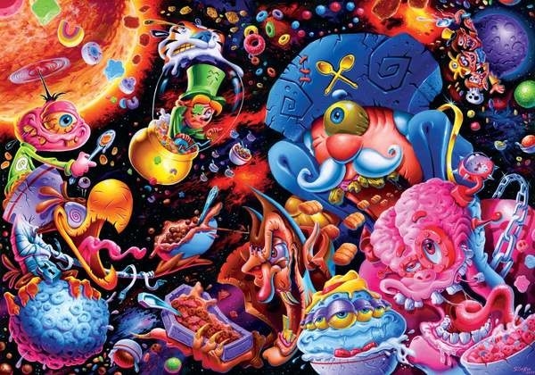 captain crunch, lucky, count chocula, and more mascots drawn to look like scary monsters in a cereal-filled galaxy 